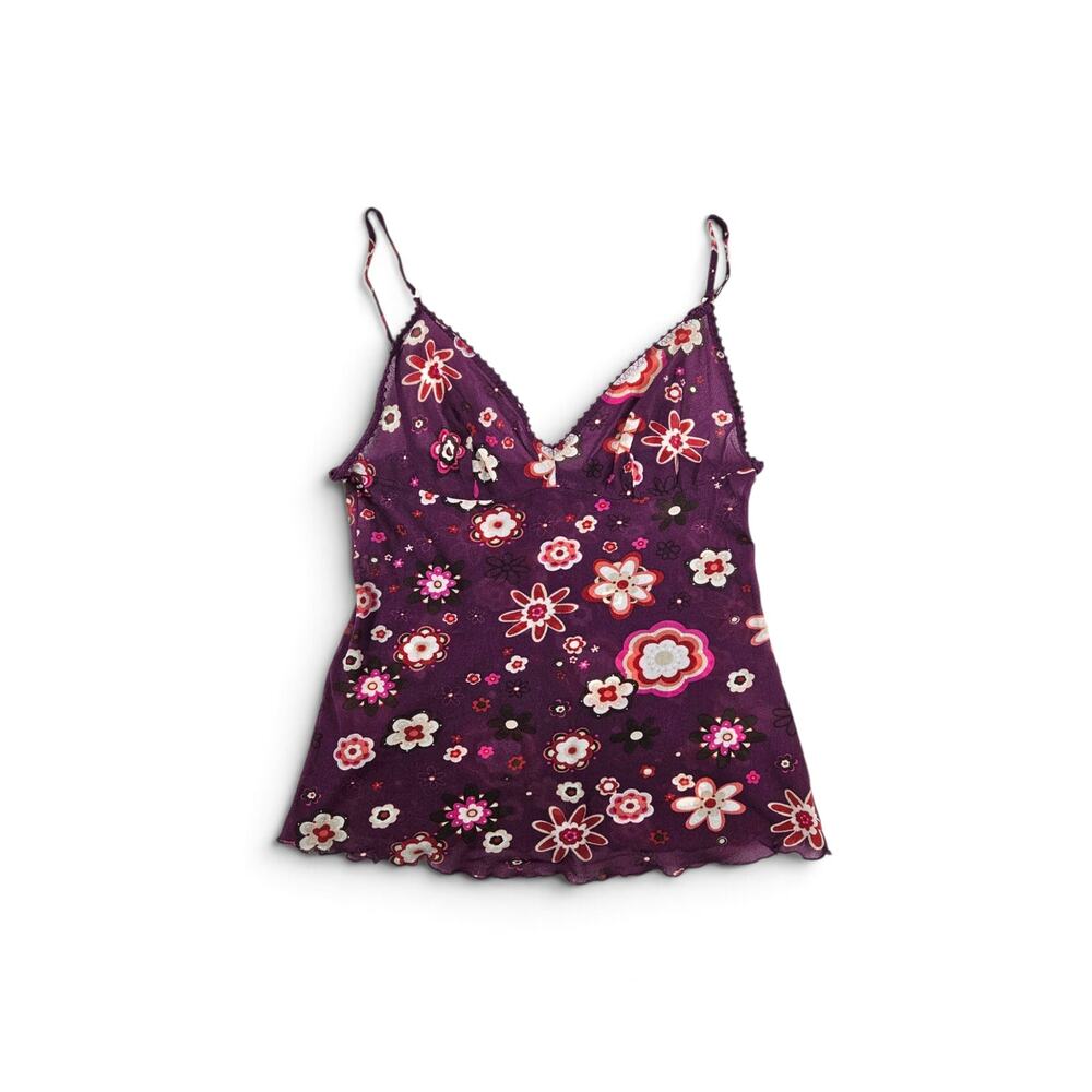 Y2k Euro Mesh Cami Top Floral Purple Semi-Sheer - Size Medium